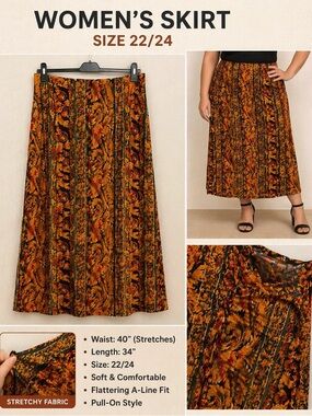 Adrian Jordan Printed A-Line Skirt size 22/24 Waist 40” Length 34” stretchy